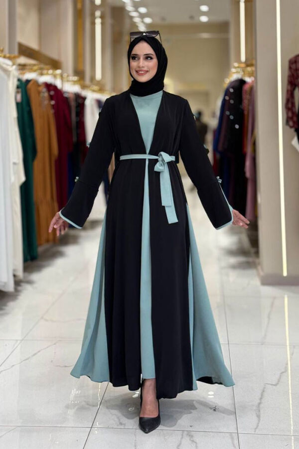 Fiyonk Detaylı Abaya Elbise Takım 3955 Siyah-Mint - 1
