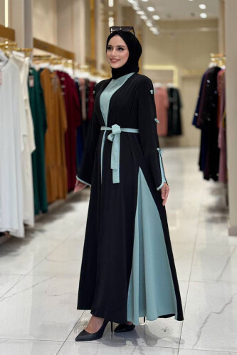 Fiyonk Detaylı Abaya Elbise Takım 3955 Siyah-Mint - 3
