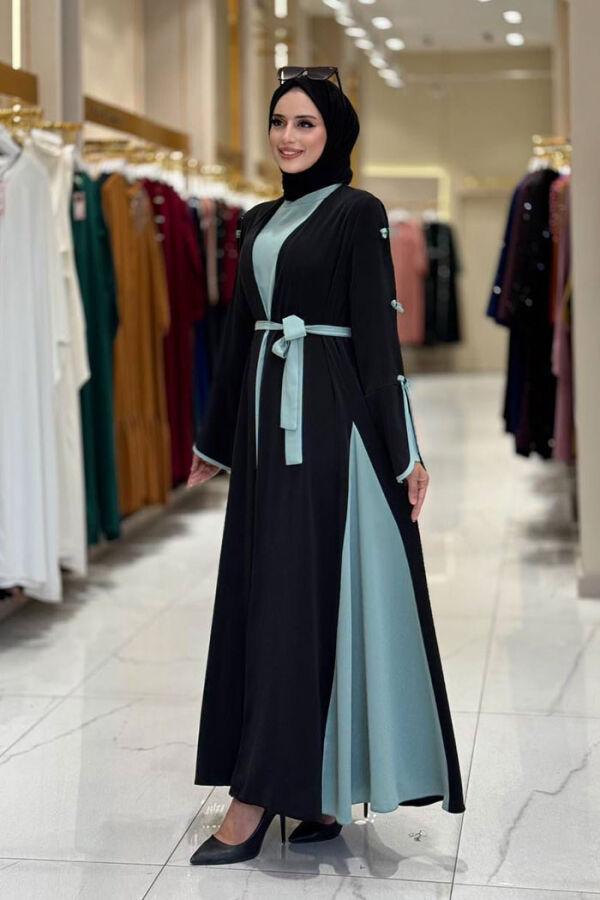 Fiyonk Detaylı Abaya Elbise Takım 3955 Siyah-Mint - 3