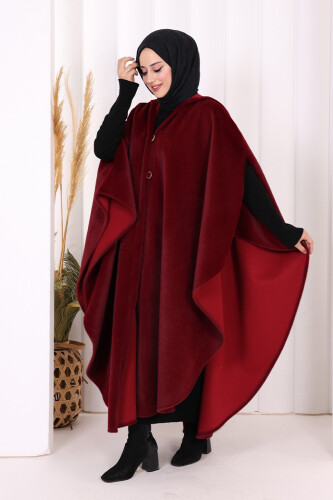 Foks Kumaş Kapşonlu Panço 70130 Bordo - Bym Fashion (1)