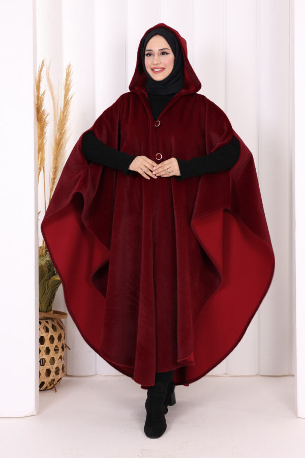 Foks Kumaş Kapşonlu Panço 70130 Bordo - 1