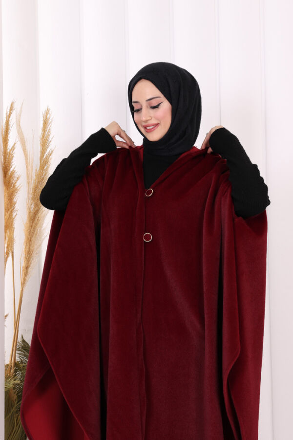 Foks Kumaş Kapşonlu Panço 70130 Bordo - 4