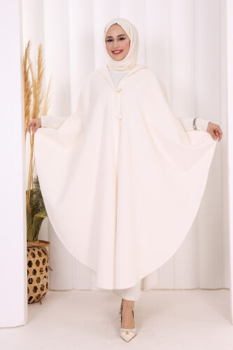 Foks Kumaş Kapşonlu Panço 70130 Ekru - Bym Fashion