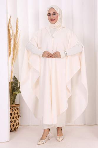 Foks Kumaş Kapşonlu Panço 70130 Ekru - Bym Fashion (1)
