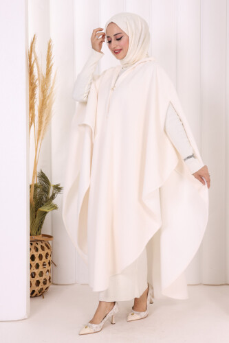 Foks Kumaş Kapşonlu Panço 70130 Ekru - 3