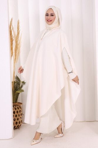 Foks Kumaş Kapşonlu Panço 70130 Ekru - 4