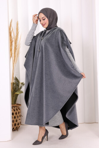 Foks Kumaş Kapşonlu Panço 70130 Gri - Bym Fashion (1)