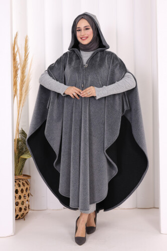 Foks Kumaş Kapşonlu Panço 70130 Gri - Bym Fashion