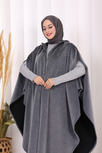 Foks Kumaş Kapşonlu Panço 70130 Gri - 4