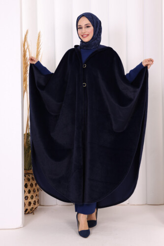 Foks Kumaş Kapşonlu Panço 70130 Lacivert - Bym Fashion