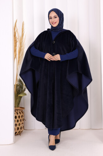 Foks Kumaş Kapşonlu Panço 70130 Lacivert - Bym Fashion (1)