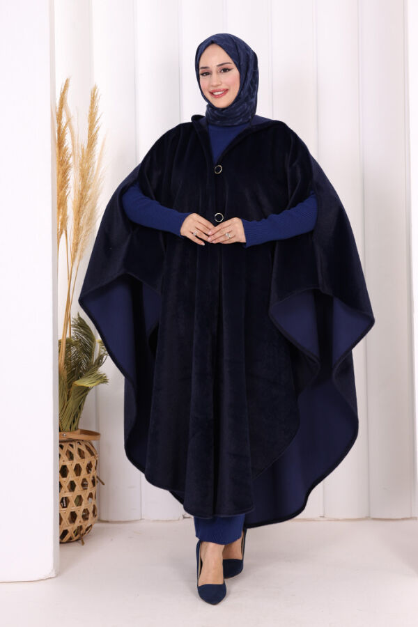 Foks Kumaş Kapşonlu Panço 70130 Lacivert - 2