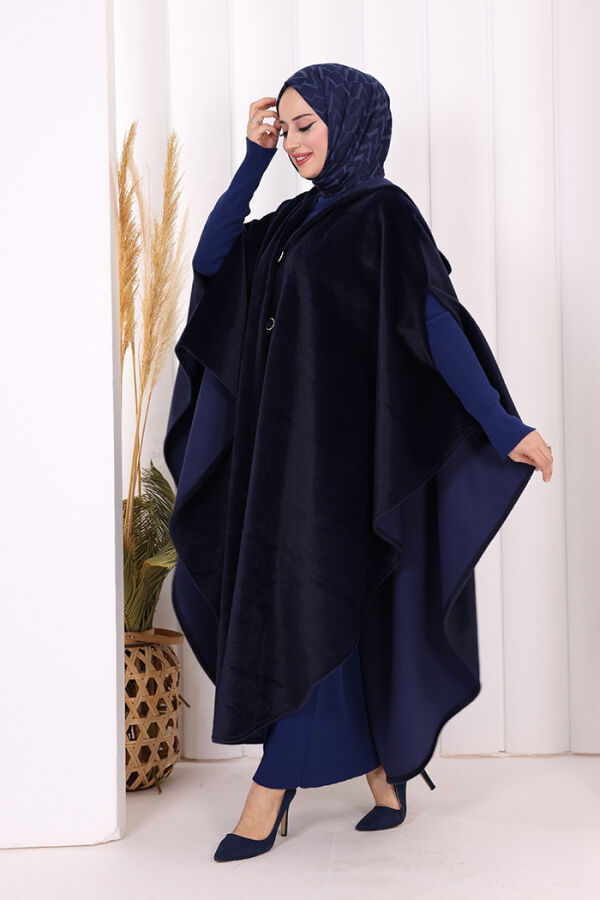 Foks Kumaş Kapşonlu Panço 70130 Lacivert - 3