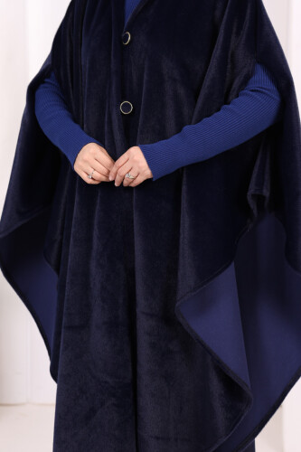 Foks Kumaş Kapşonlu Panço 70130 Lacivert - 7