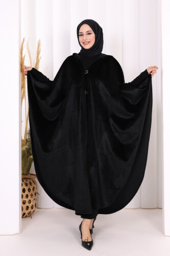 Foks Kumaş Kapşonlu Panço 70130 Siyah - Bym Fashion