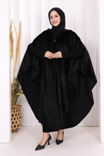 Foks Kumaş Kapşonlu Panço 70130 Siyah - Bym Fashion (1)
