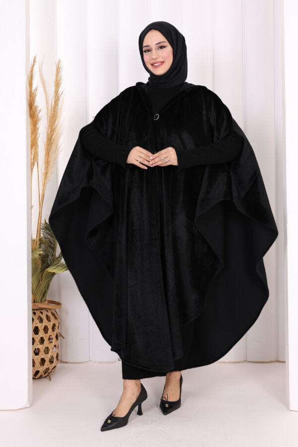 Foks Kumaş Kapşonlu Panço 70130 Siyah - 2