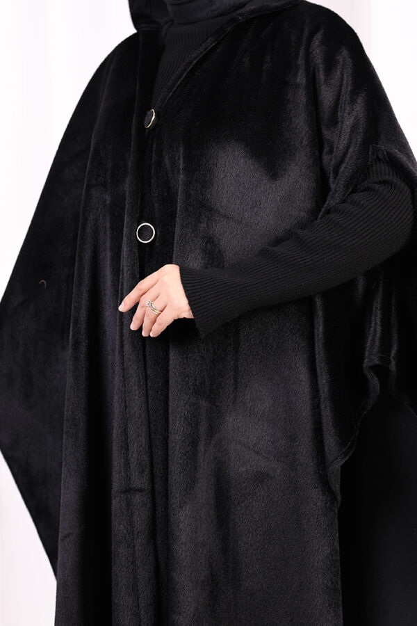 Foks Kumaş Kapşonlu Panço 70130 Siyah - 7