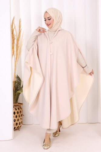 Foks Kumaş Kapşonlu Panço 70130 Somon - Bym Fashion (1)