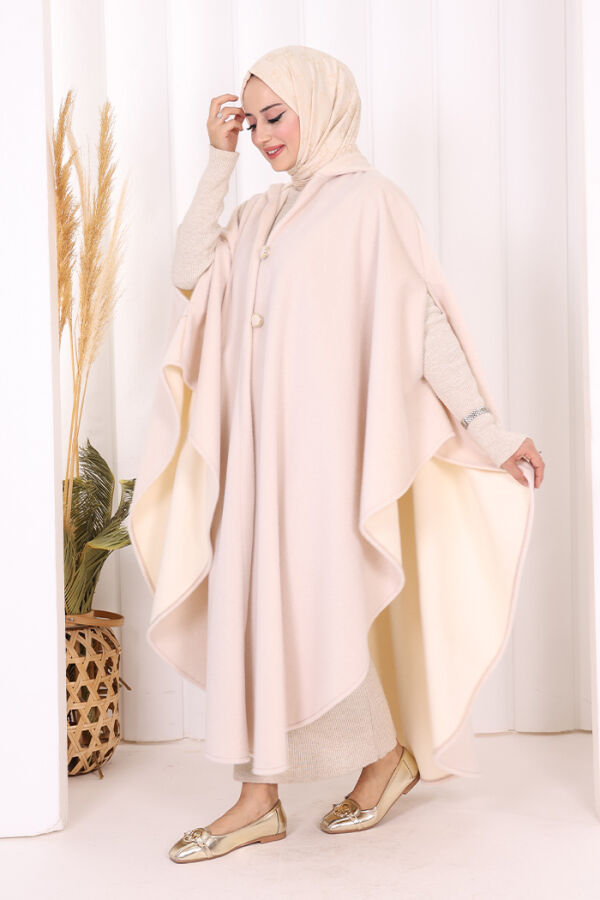 Foks Kumaş Kapşonlu Panço 70130 Somon - 3