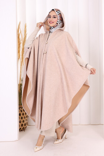Foks Kumaş Kapşonlu Panço 70130 Taş - Bym Fashion (1)