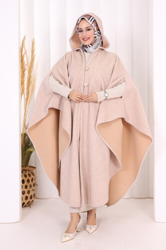 Foks Kumaş Kapşonlu Panço 70130 Taş - Bym Fashion