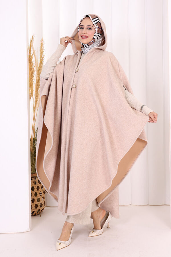 Foks Kumaş Kapşonlu Panço 70130 Taş - 2