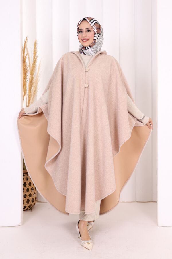 Foks Kumaş Kapşonlu Panço 70130 Taş - 3