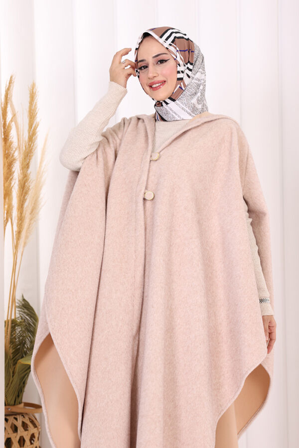 Foks Kumaş Kapşonlu Panço 70130 Taş - 5