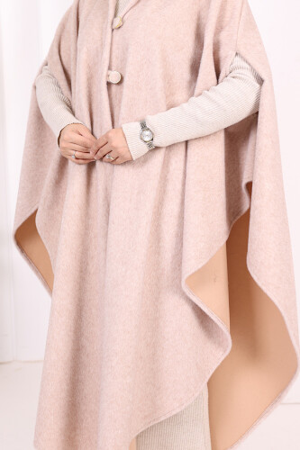 Foks Kumaş Kapşonlu Panço 70130 Taş - 6