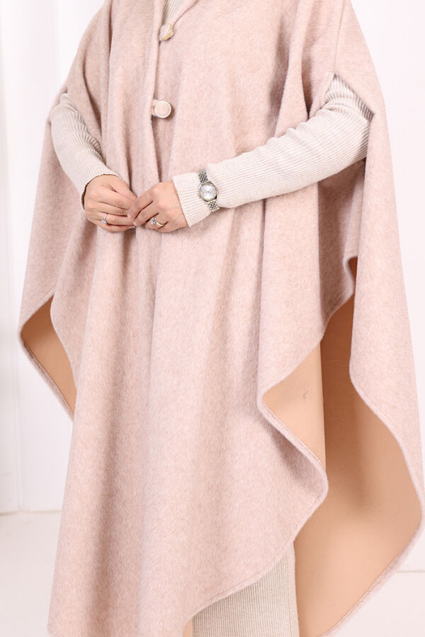 Foks Kumaş Kapşonlu Panço 70130 Taş - 6