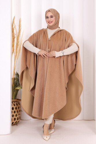 Foks Kumaş Kapşonlu Panço 70130 Vizon - Bym Fashion