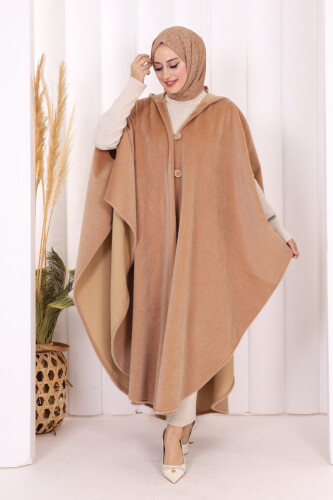 Foks Kumaş Kapşonlu Panço 70130 Vizon - Bym Fashion (1)