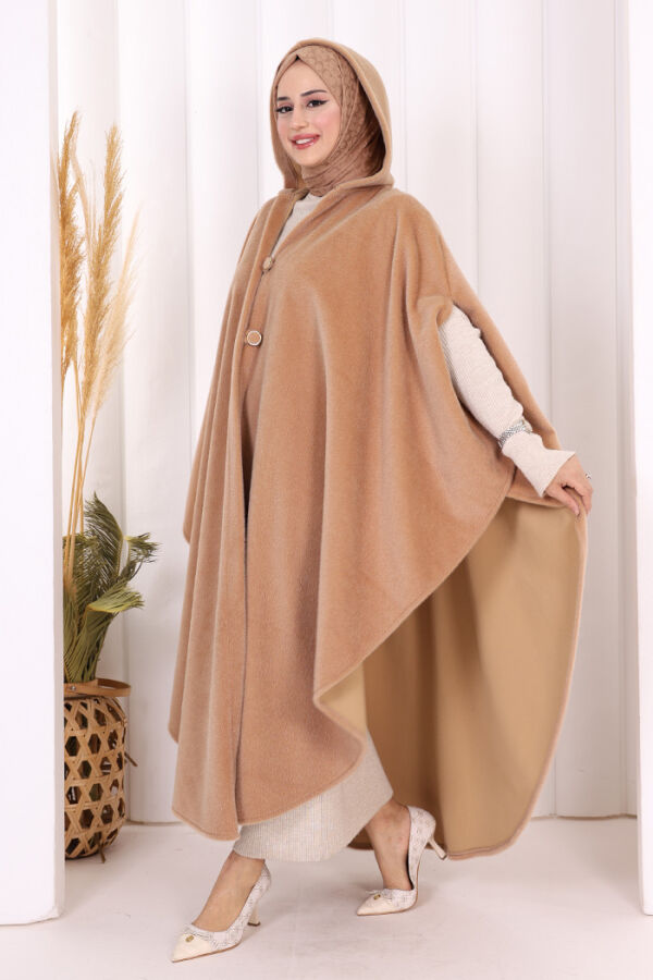 Foks Kumaş Kapşonlu Panço 70130 Vizon - 3