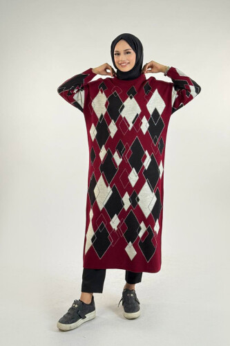 Geometrik Desen Tunik 18316 Bordo - 1