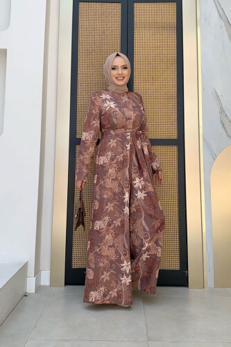 Chest Side Hidden Buttons Waist Belted Print Patterned Jumpsuit 3486 Brown - Bym Fashion (1)