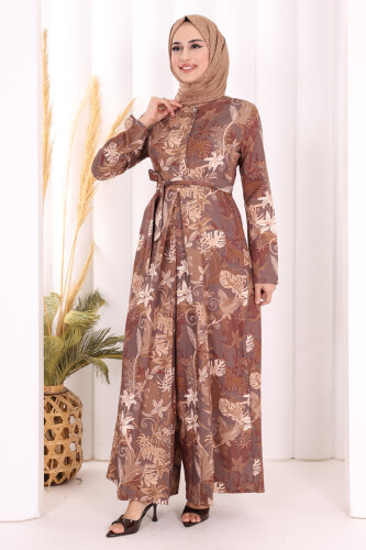 Göğüs Kısmı Gizli Düğmeli Bel Kuşaklı Baskı Desenli Tulum 3486 Kahverengi - 5