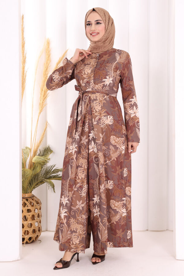 Göğüs Kısmı Gizli Düğmeli Bel Kuşaklı Baskı Desenli Tulum 3486 Kahverengi - 5