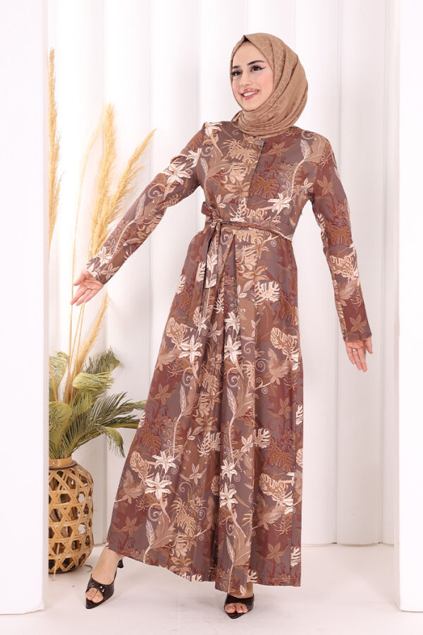Göğüs Kısmı Gizli Düğmeli Bel Kuşaklı Baskı Desenli Tulum 3486 Kahverengi - 6