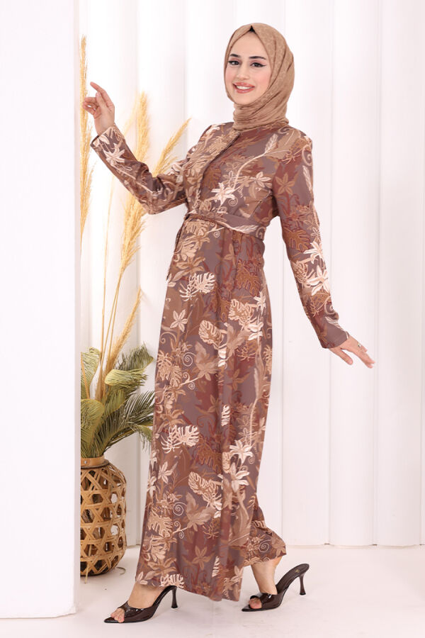 Göğüs Kısmı Gizli Düğmeli Bel Kuşaklı Baskı Desenli Tulum 3486 Kahverengi - 7