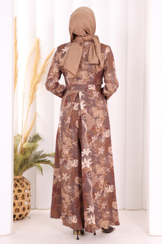 Göğüs Kısmı Gizli Düğmeli Bel Kuşaklı Baskı Desenli Tulum 3486 Kahverengi - 8