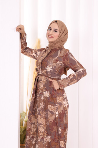 Göğüs Kısmı Gizli Düğmeli Bel Kuşaklı Baskı Desenli Tulum 3486 Kahverengi - 9