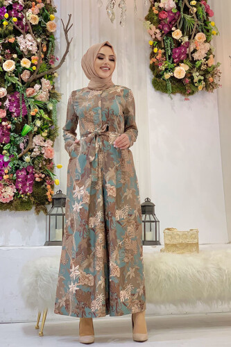 بذلة منقوشة بأزرار مخفية على جانب الصدر وحزام للخصر 3486 Mint - Bym Fashion (1)