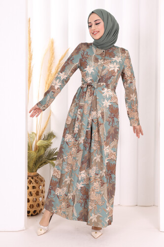 Göğüs Kısmı Gizli Düğmeli Bel Kuşaklı Baskı Desenli Tulum 3486 Mint - 5