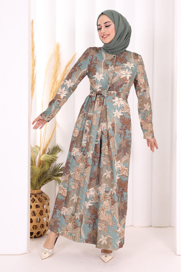 Göğüs Kısmı Gizli Düğmeli Bel Kuşaklı Baskı Desenli Tulum 3486 Mint - 5