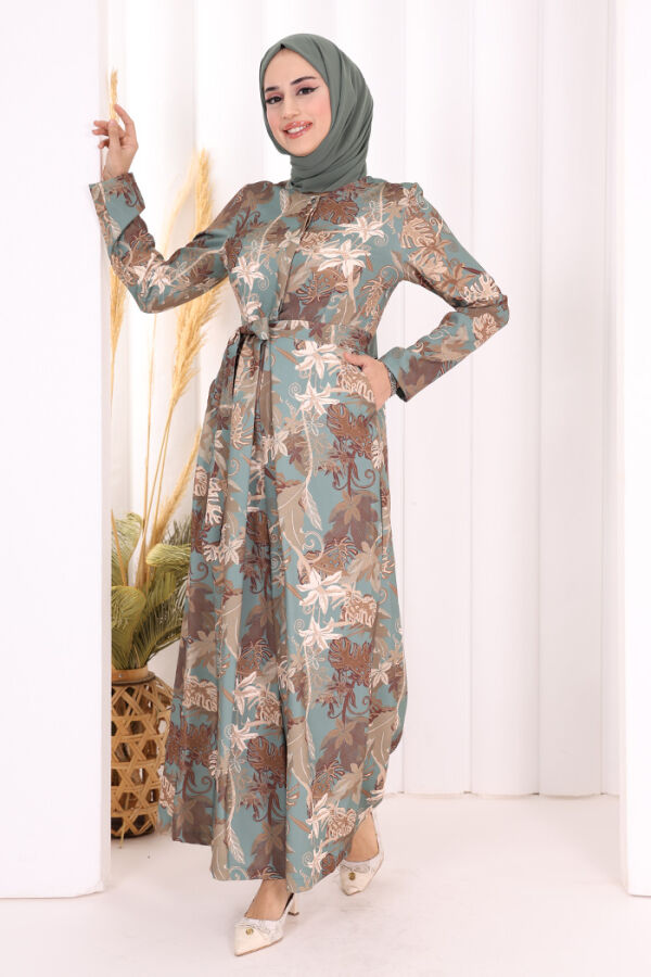 Göğüs Kısmı Gizli Düğmeli Bel Kuşaklı Baskı Desenli Tulum 3486 Mint - 6