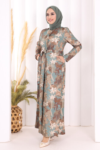 Göğüs Kısmı Gizli Düğmeli Bel Kuşaklı Baskı Desenli Tulum 3486 Mint - 7