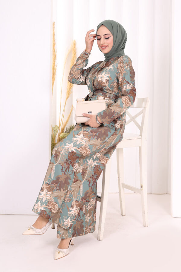 Göğüs Kısmı Gizli Düğmeli Bel Kuşaklı Baskı Desenli Tulum 3486 Mint - 8