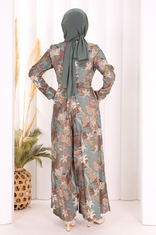 Göğüs Kısmı Gizli Düğmeli Bel Kuşaklı Baskı Desenli Tulum 3486 Mint - 9