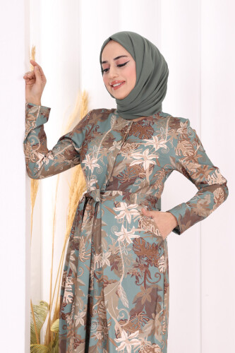 Göğüs Kısmı Gizli Düğmeli Bel Kuşaklı Baskı Desenli Tulum 3486 Mint - 10